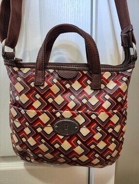 Vtg Fossil Key-Per Coated Canvas Crossbody Bag.